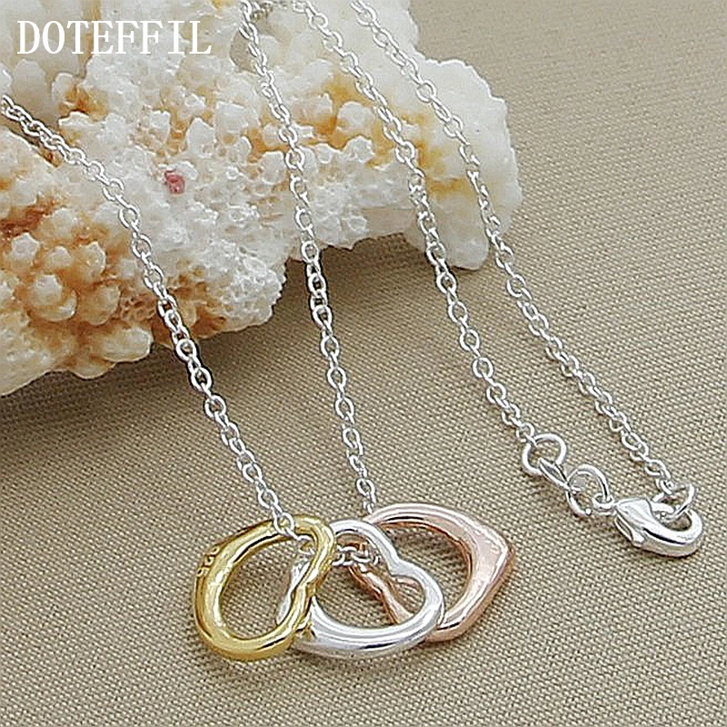 DOTEFFIL 925 Sterling Silver 18 Inch Chain Rose Gold Tricolor Heart Pendant Necklace For Women Wedding Engagement Jewelry