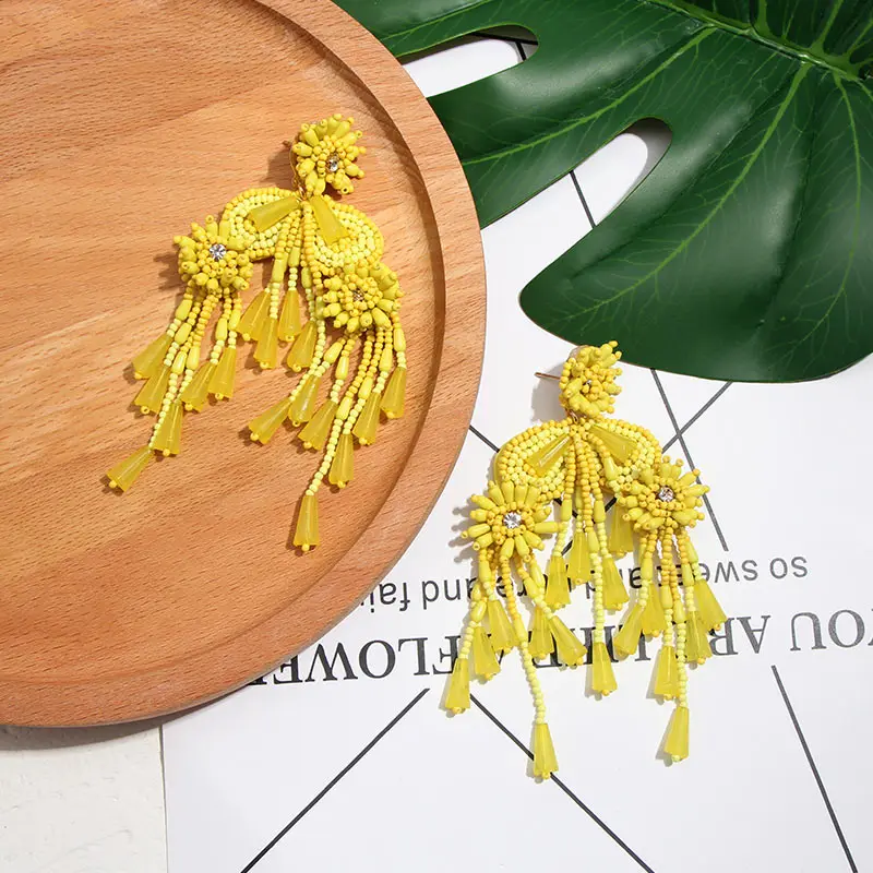 Flatfoosie Handmade Big Tassel Drop Earrings For Women Bohemian Vinatge Colorful Beaded Fringed Statement Dangle Earring Jewelry