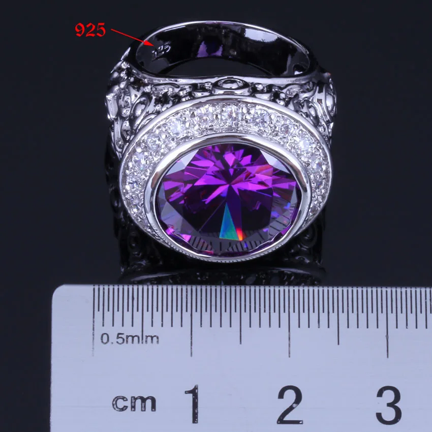 Very Good Round Purple Cubic Zirconia White CZ Silver Plated Jewelry Sets Earrings Pendant Chain Ring V0991