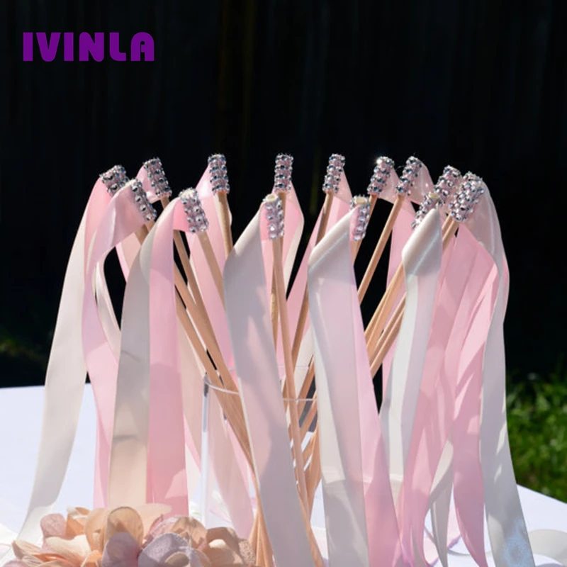 

Newest 50pcs/lot rhinestones Pink & Light pink stain ribbon wedding stick wands Without Bells for wedding party