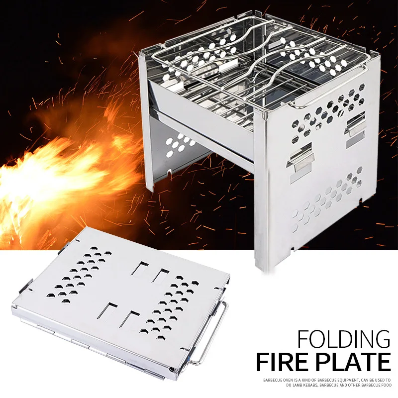 

New outdoor mini stainless steel Folding BBQ camping grill windshield firewood carbon oven burning fire rack camp stove burner