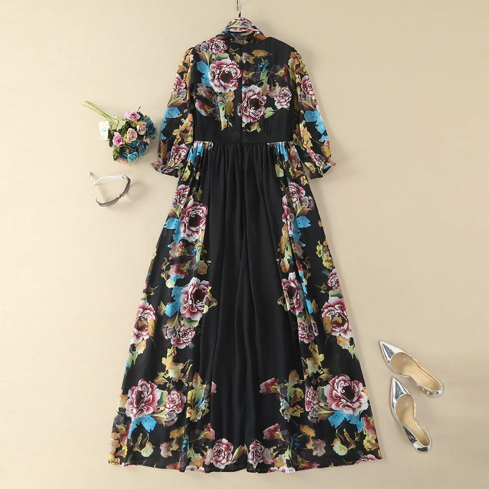 MIUXIMAO 2023 Spring New Arrival Vintage Bow Three Quarter Sleeve Elegant Print A-Line Ankle-Length Long Dress Women Vestides