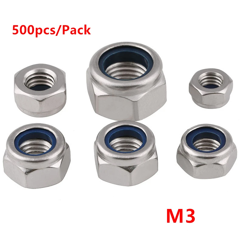 

500pcs DIN985 M3 Hex Nylon Insert Lock Nuts 304 Stainless Steel A2-70 Nylon Self Locking Nut Slip Locknuts Rivnuts