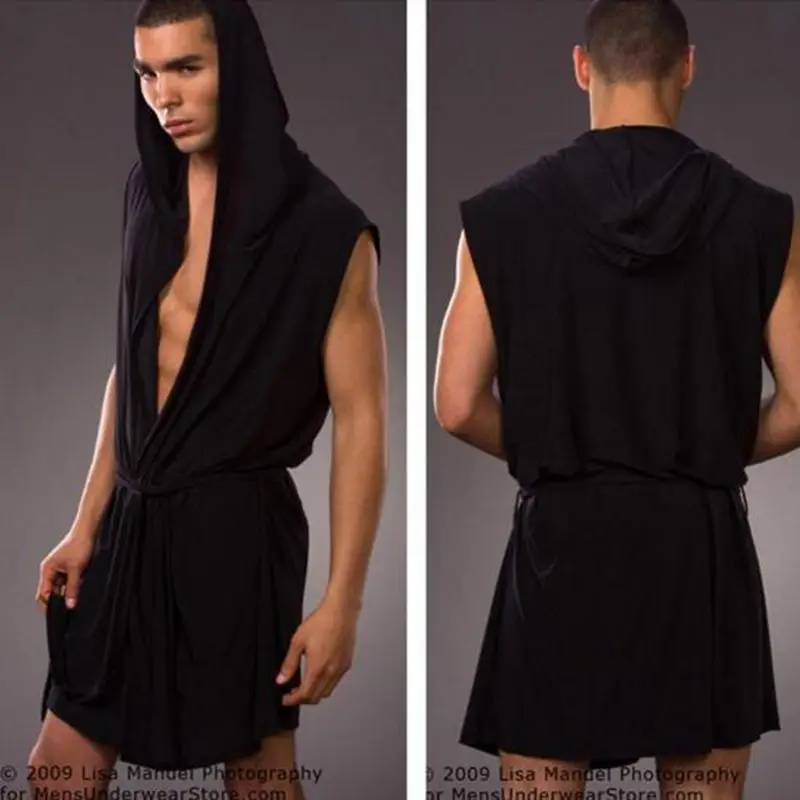 Men's robes comfortable casual bathrobes sleeveless Viscose Hooded Ice silk sleepwear pajamas home loose fitting clothes