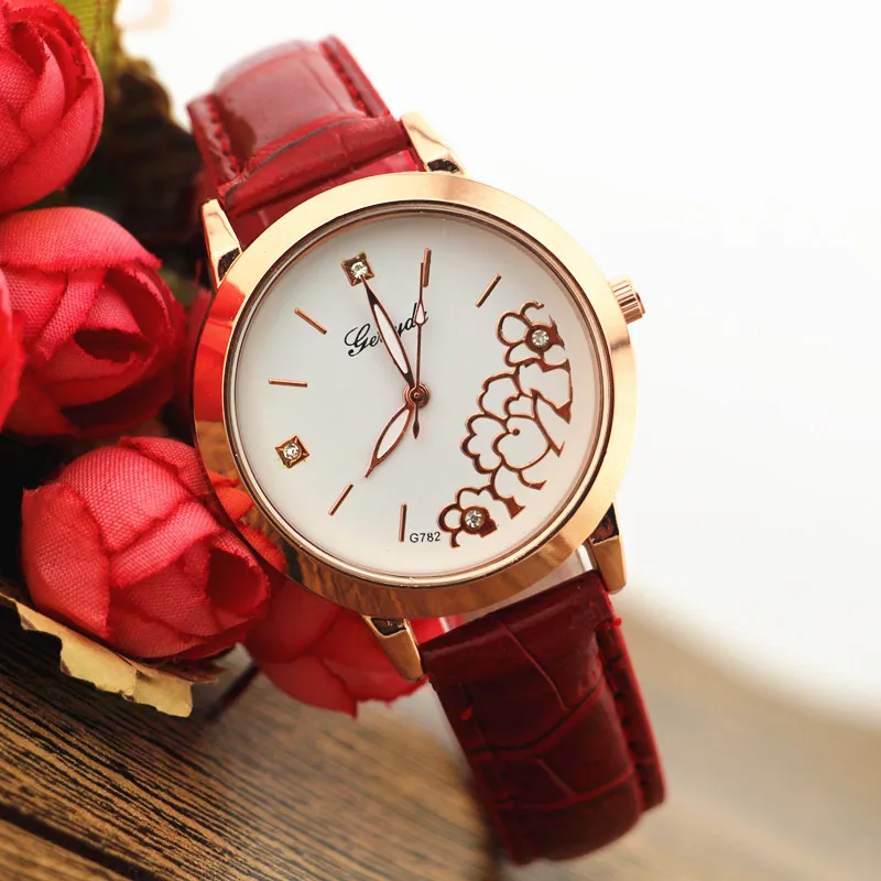 Free shipping!PVC leather band,gold plate alloy case,quartz movement,UP flower dial,Gerryda fashion woman lady leather watches