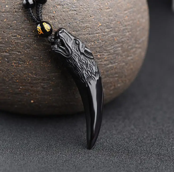 Drop Shipping Black Obsidian Carving Wolf Head Obdidian Amulet pendant free necklace obsidian Blessing Lucky pendant Men Jewelry