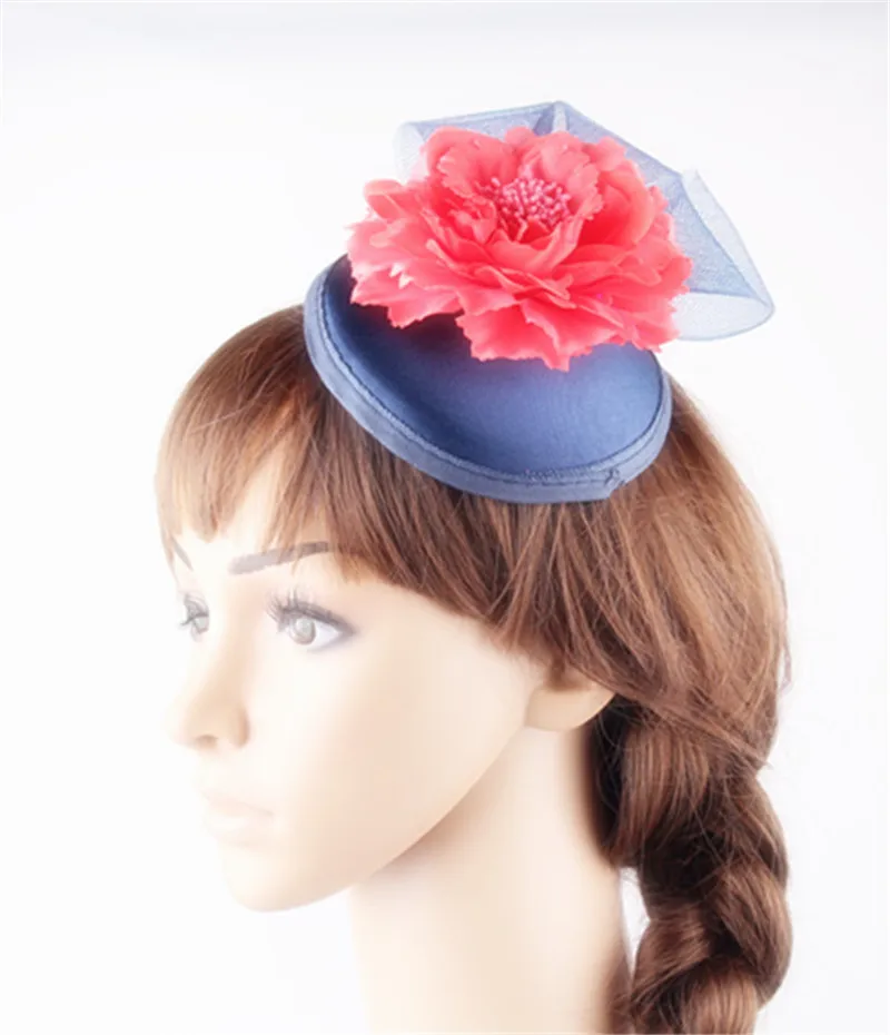 Satin Base Fascinator Hair Accessory Silk Flower with Mesh Crinoline Wedding Party and Event Occassion Headwear Multiple Colors