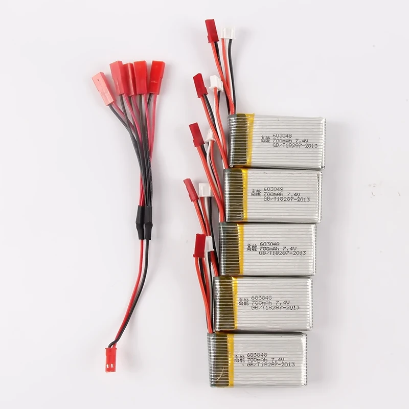 Lot de 5 batteries Lipo 2S, 7.4V, 700MAH, avec câble de charge JST 1 à 5 Balance, pour Drone RC Quadcopter MJX X600 F46 X601H