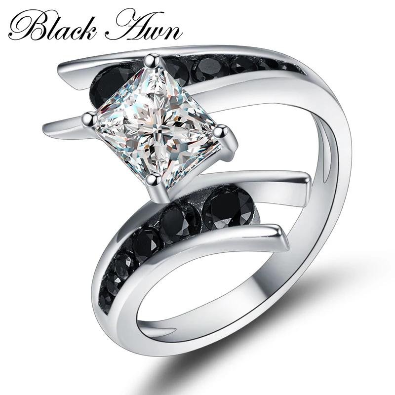 Black Awn 2026 New Jewelry Silver Color Row Black Stone Engagement Rings for Women Bague C299
