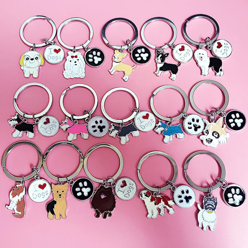 Mini Metal Dog Jewelry Samoyed Terrier Pug Dog Key Chain Key Ring Pom Gift For Women Girl Bag Charm Keychain Pendant Jewelry