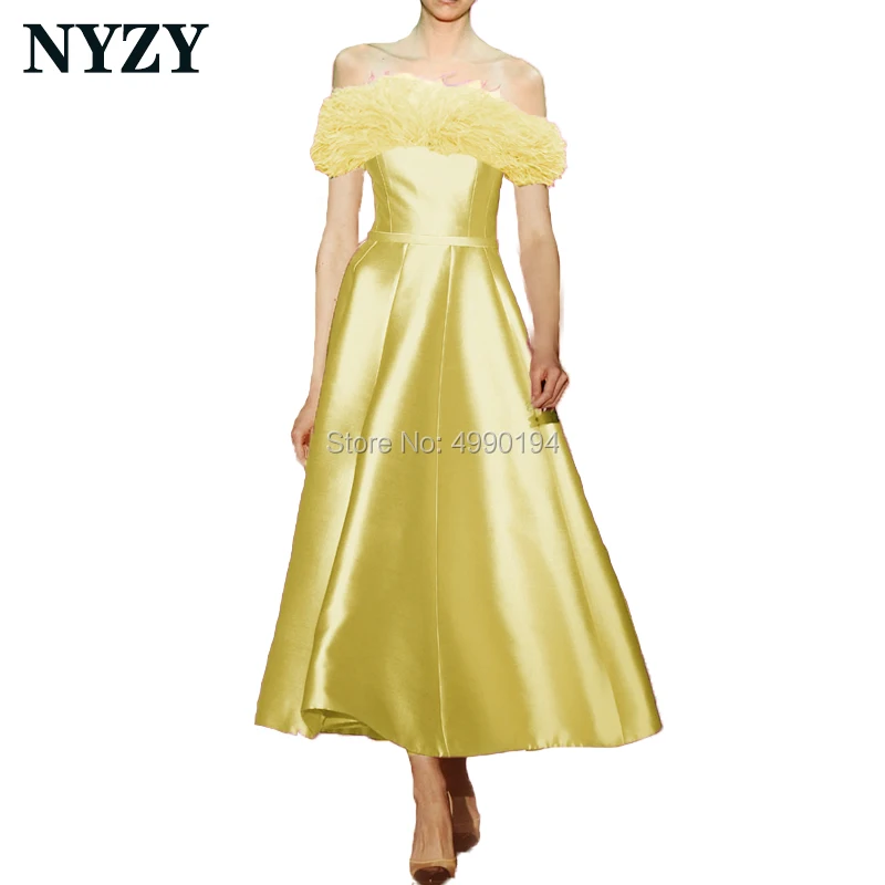 

Feather Cocktail Dresses NYZY E200 Yellow Satin Off Shoulder Tea Length Formal Dress Party Gown Homecoming Graduation