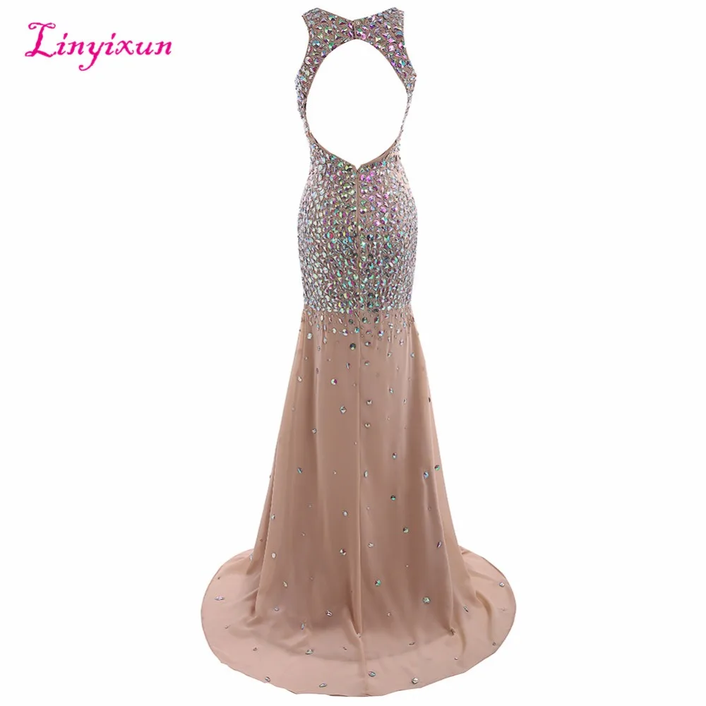 Linyixun Real Photo Nieuwe Sexy Jurken Luxe Kralen Crystal Lange V-hals Backless Party Formele Avondjurken vestido de festa