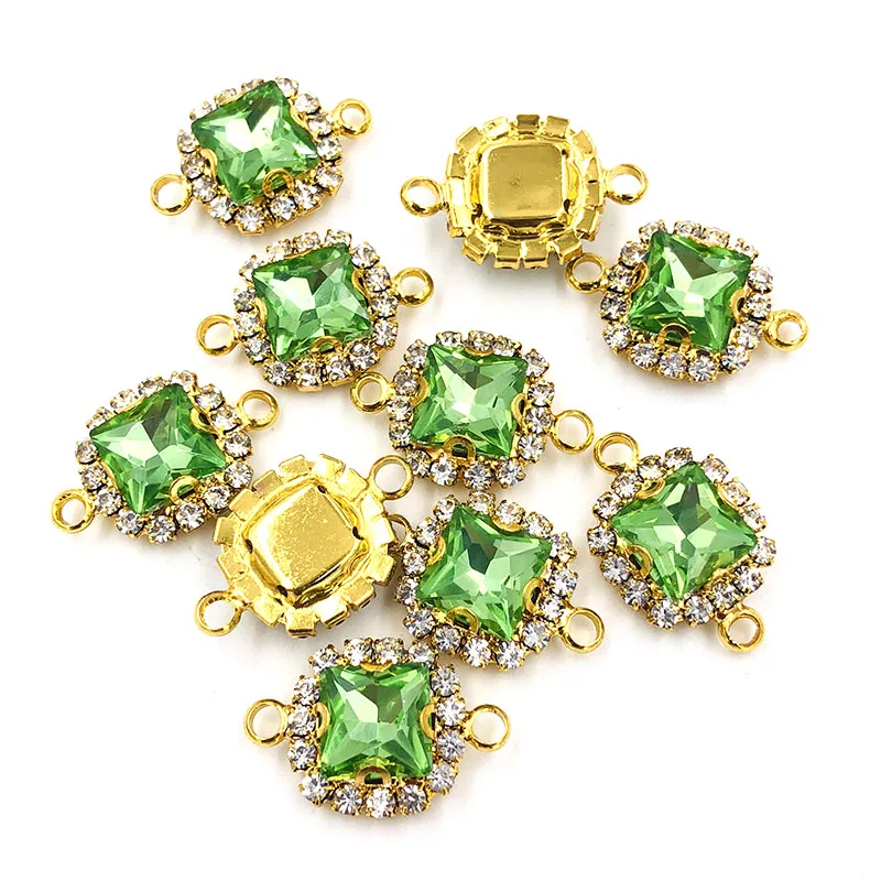 Free shipping Double loop sew on rhinestones Light green glass square shape gold base Crystal buckle DIY clothing accessories