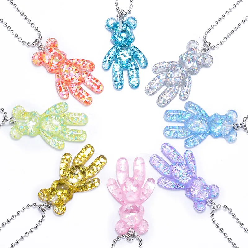 Jelly Resin Bear Pendant Necklace Women Cute Girls Beads Chain Choker On Neck Jewelry Party Friends Gift