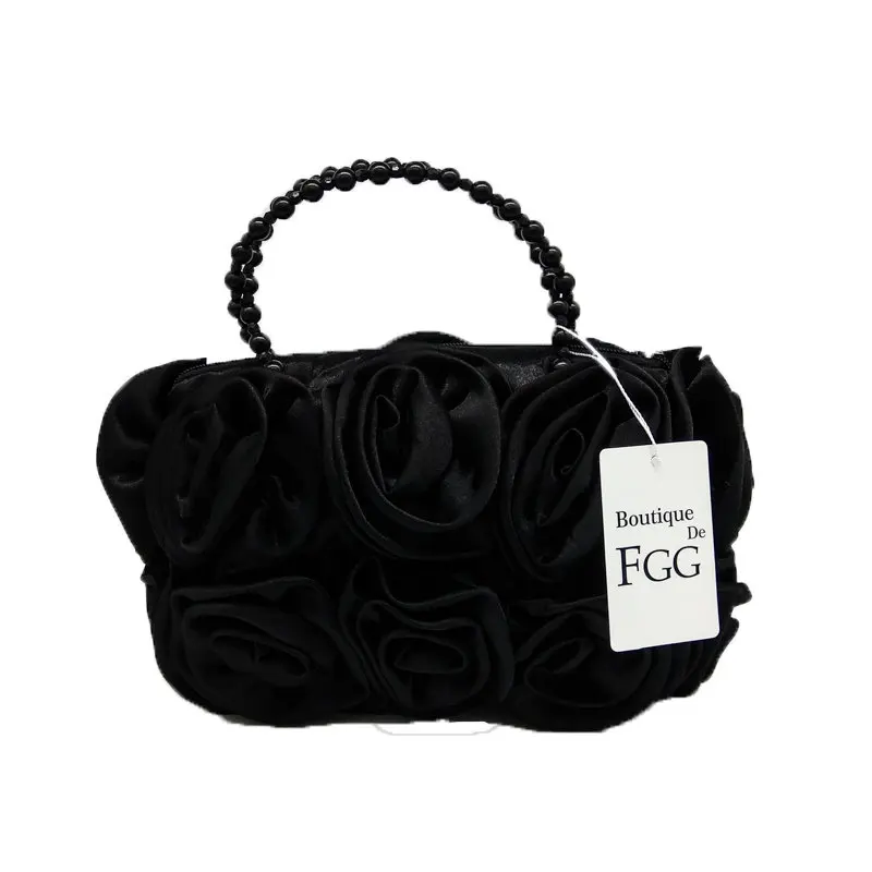 Boutique De FGG Red Flower Rose Bush Women Satin Evening Purse Beaded Handle Totes Bag Wedding Handbag Bridal Clutch