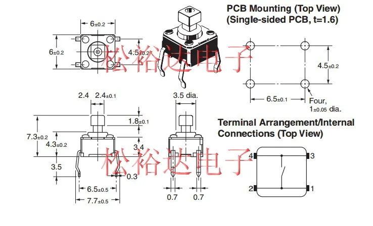 Original new 100% PT-002-C1 button touch switch 6*6*7.3mm vertical inserted directly into 4pin square