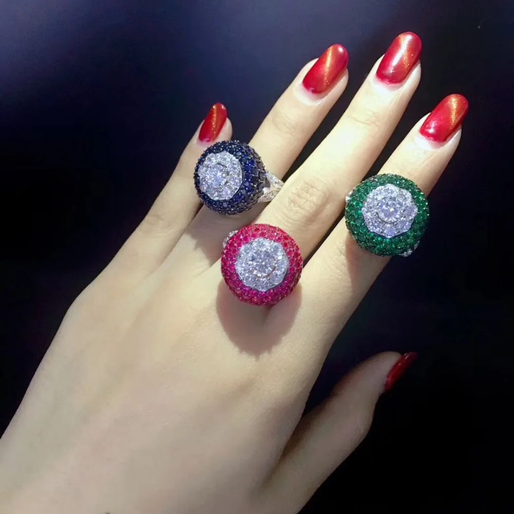 Anello da cocktail di argento sterling 925 con zircone cubico anello blu verde rosa di colore rosso belle donne dei monili di trasporto libero