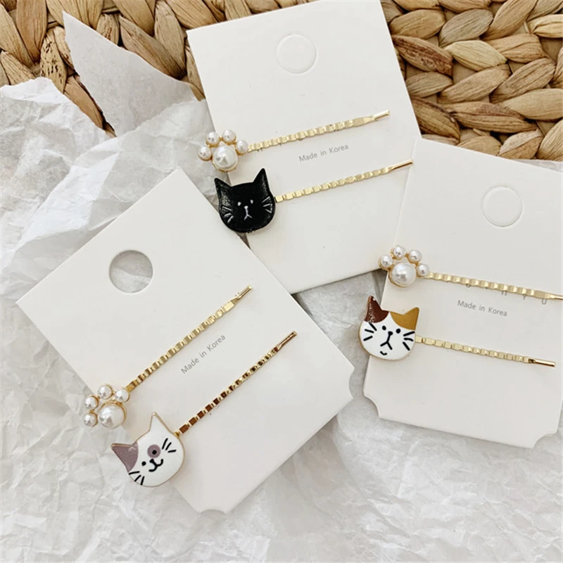 2pcs/Set Korean Fashion Women Metal Hairpins Cute Sweet Girls Hair Clips Pearl Cat Bobby Pin Hair Styling Tool Hair Accessories