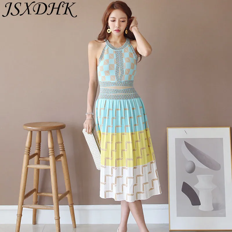 JSXDHK Runway Summer Knitted Sweater Midi Dress Women Sleeveless Vest Print Geometric Plaid Bright Silk High Stretch Vestidos