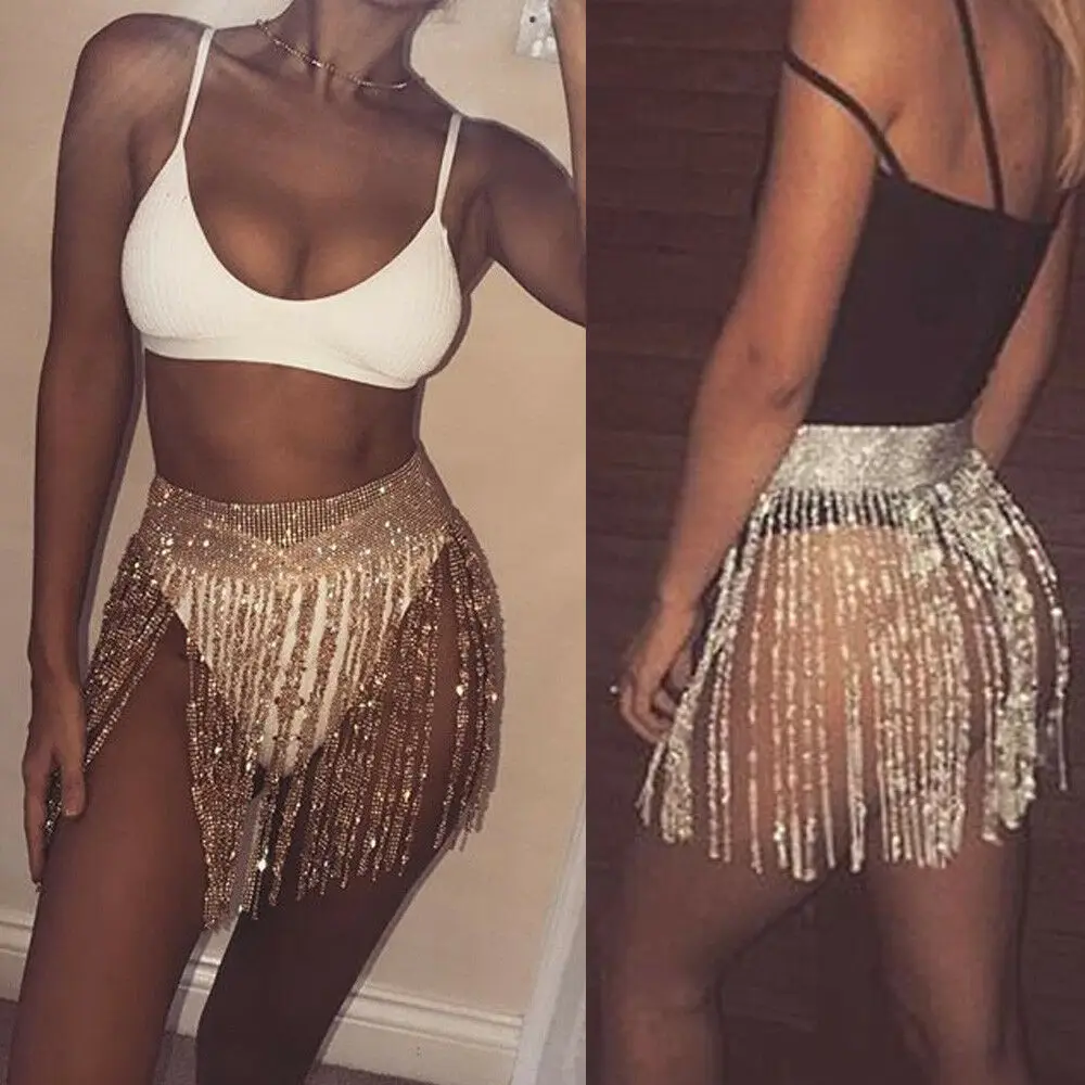 Bling Womens Belly Chains Crystal Tassel Mini Skirt Glitter Body Chain Waist Party Night Clubwear Gold Sliver colors