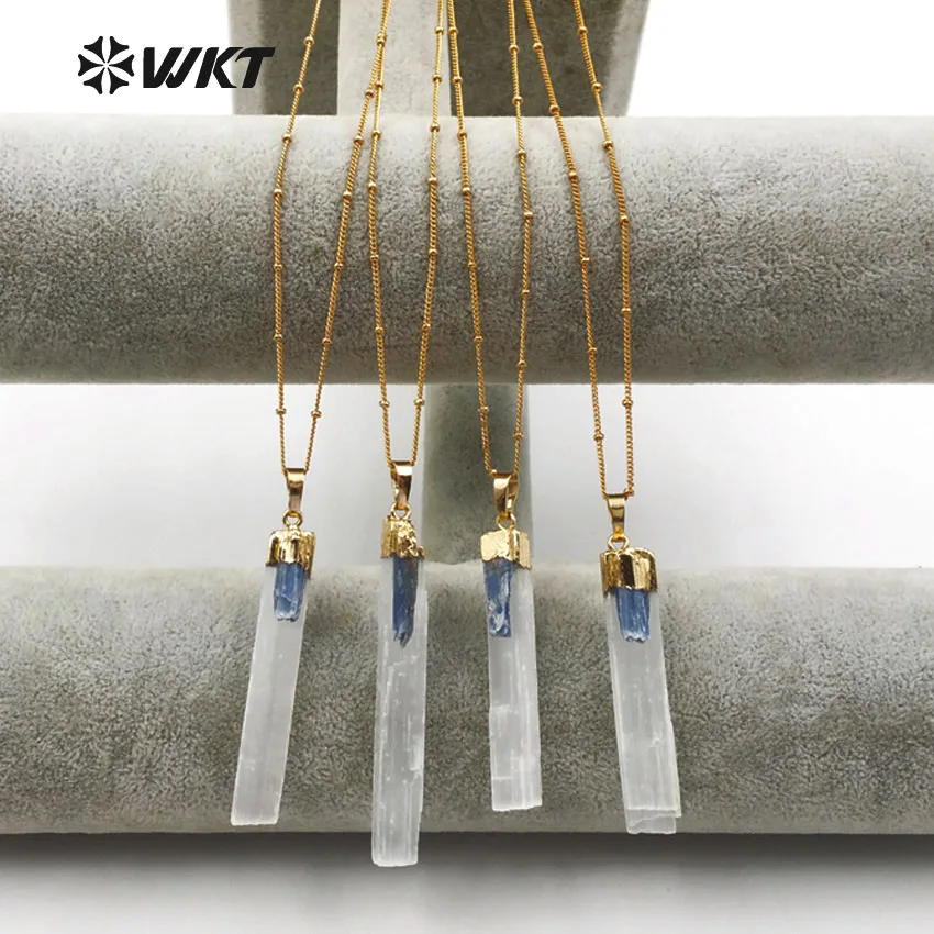 

WT-N1128 Wholesale Design Natural selenite with blue kynite charm Necklace Pendant with Pinch chain Fashion Women Jewelry