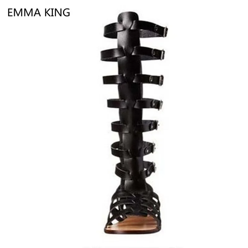 Punk Style Sexy Women Knee High Flat Sandals Open Toe Buckle Strap Ladies Casual Gladiator Shoes Woman Summer Roman Sandals Boot