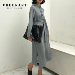 Cheerart Long Midi Sweatshirt Dress Women Long Sleeve Hood Lace Up Split Dress With Belt Grey Korean Fashion Dress Spring