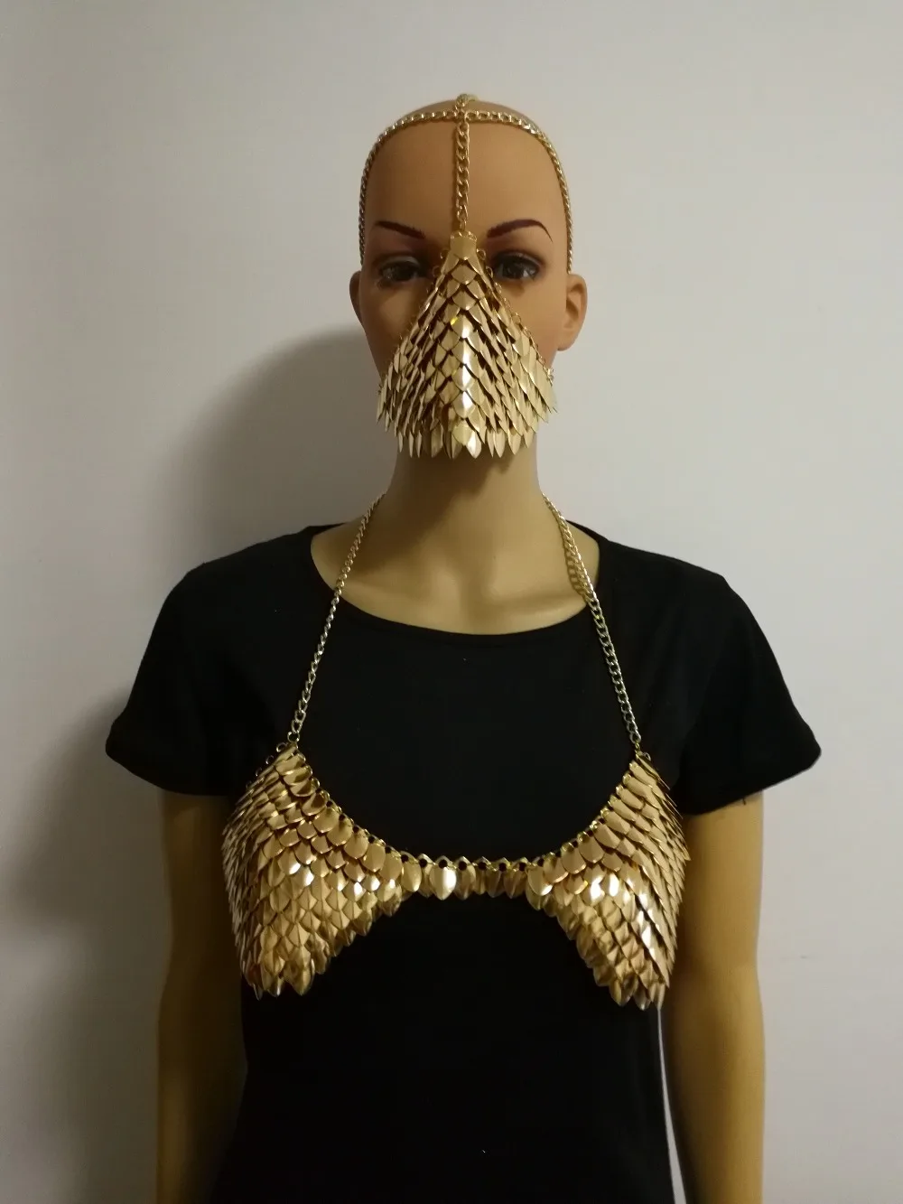 

New Arrival B750 Women Sexy Gold Fish Scale Mask Head Chains Jewelry Unique Design Layers Fish Scale Face Mask Chains Jewelry