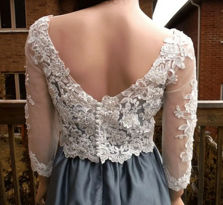 Women New Bridal Boleros Lace Applique Wedding Jackets Scoop Neck 3/4 Sleeves Button Close V Back Custom Made Jacket