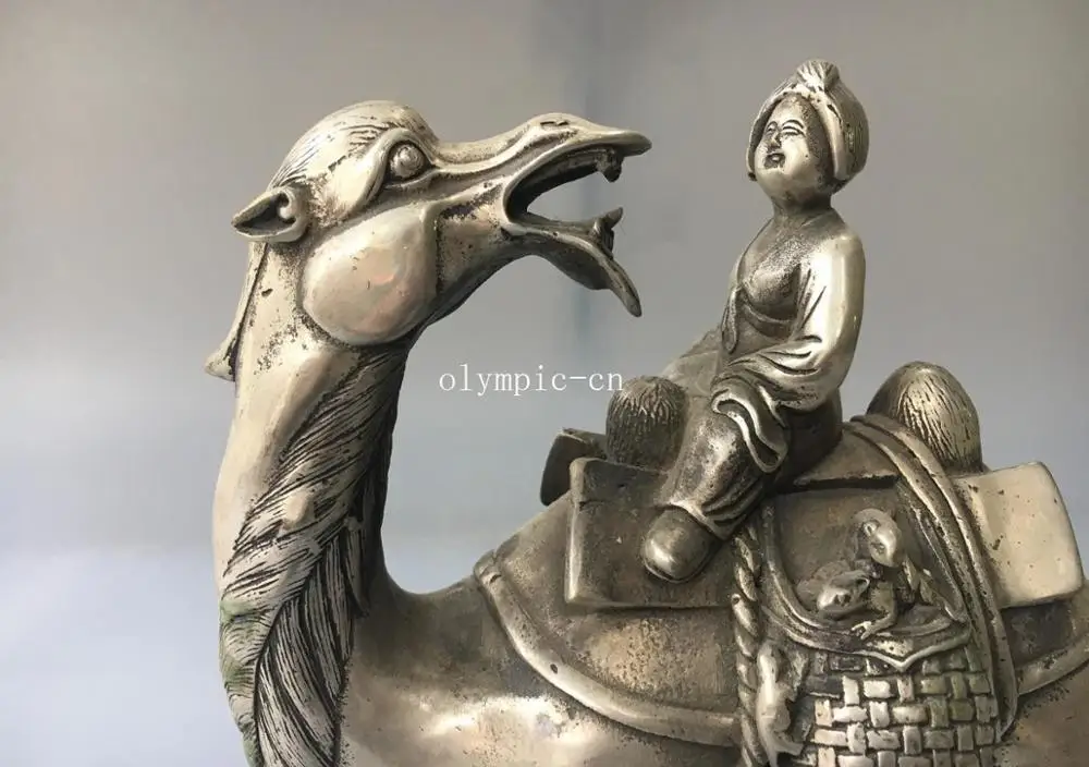 9'' tibetan bronze silver carved a women ride a camel statue