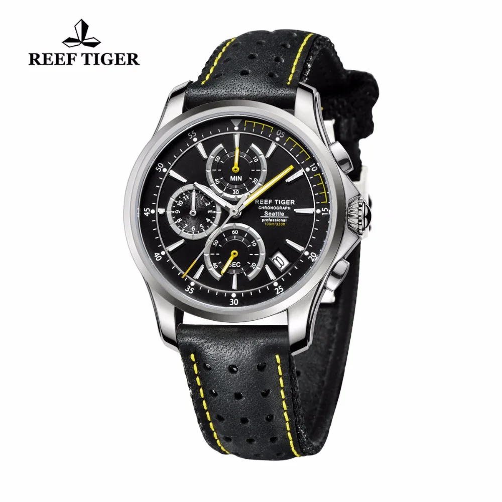 Reef Tiger/RT Sport Chronograph Watches for Men Quartz Watches with Date and Super Luminous Steel Leather Strap Watches RGA1663