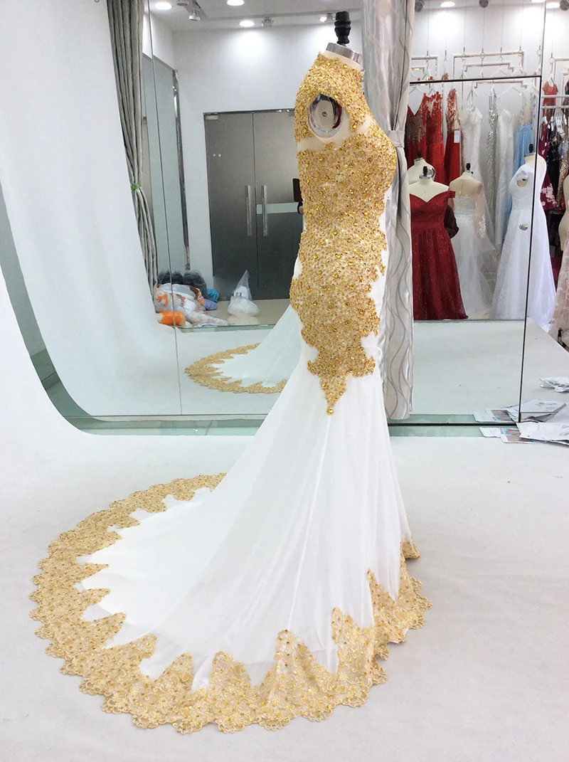 Elegant White Mermaid Evening Dresses Long 2019 High Neck Gold Embroidery Beaded Women Formal Prom Evening Gowns Abiti Da Sera image 3