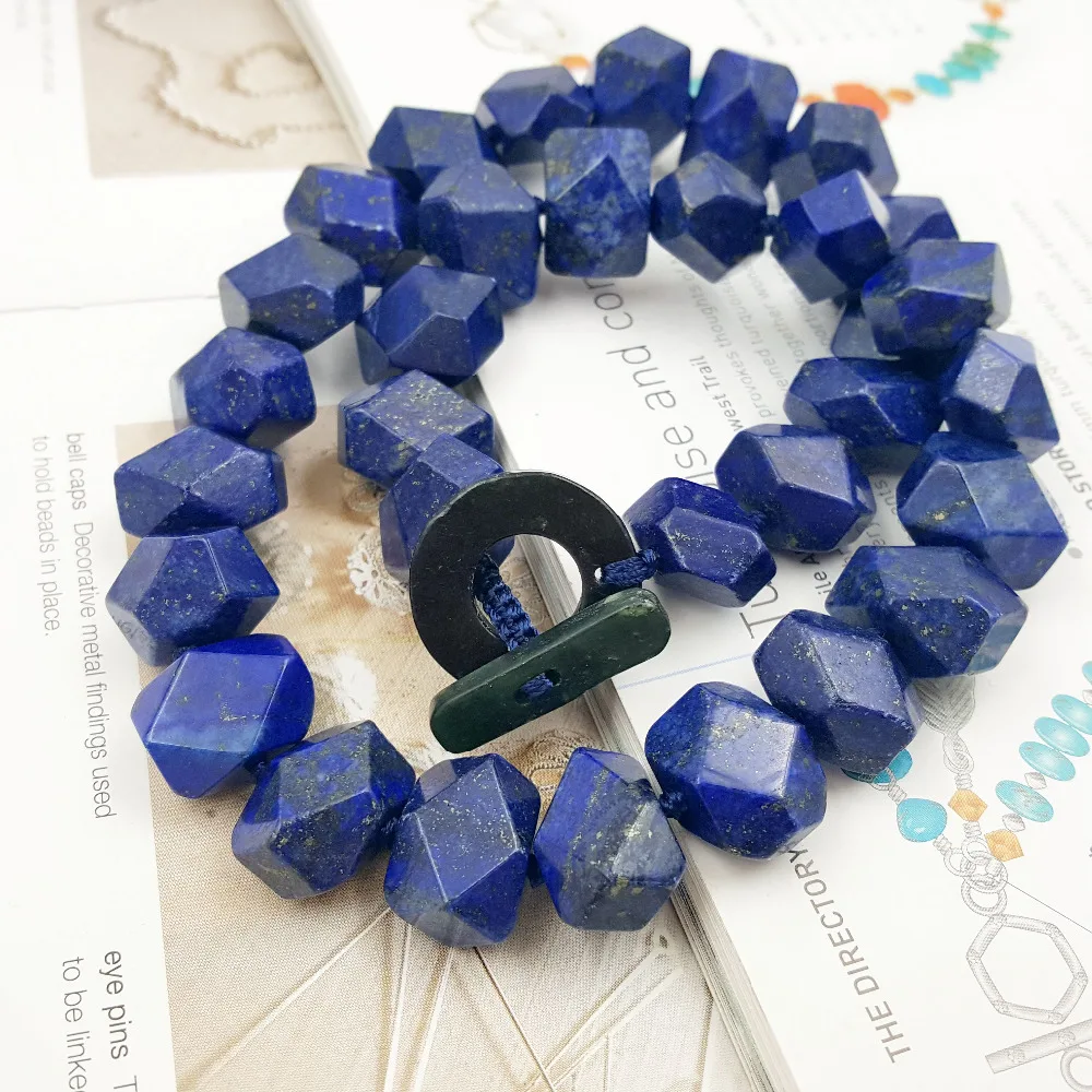 LiiJi Unique Natural Lapis Lazuli Faceted Hand Cut Beads 12x16mm Toggle Clasp Necklace 19\'\'