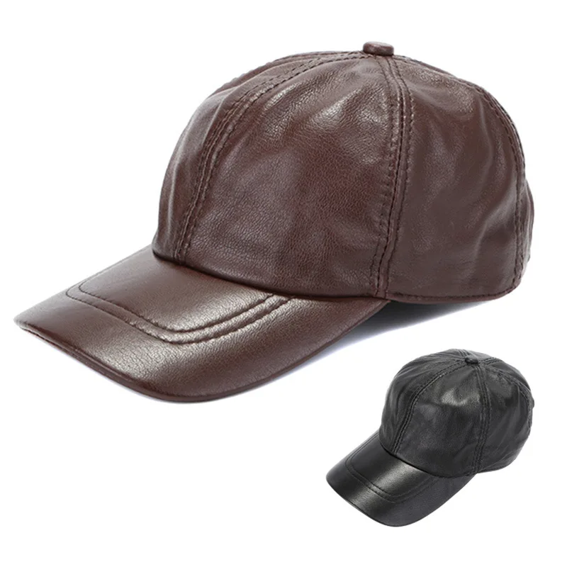 

Man Genuine Leather Baseball Hat Spring Fall Winter Adjustable Male Cap Fashion Short Eave Pure Color Sport Casual Men Caps H266