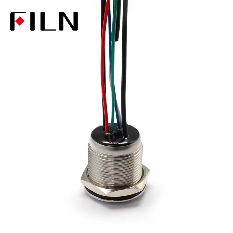 FILN-Interruptor de Botão Momentâneo de Metal Impermeável, Aço Inoxidável com Fio, Tri Cor, IP68, Redondo Plano, 19mm, 12V