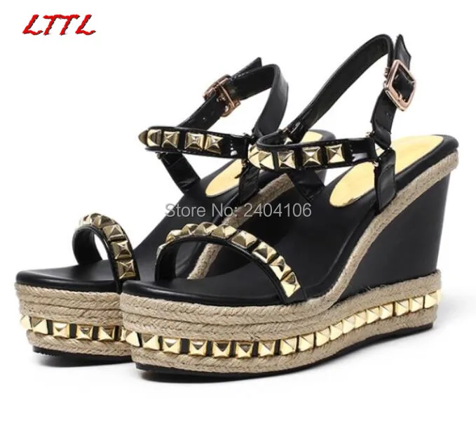 Sandalias Mujer 2018 Black Gold Spiked Summer Shoes Open Toe Gladiator Platform Sandalet Plus Size Rivets Wedge Sandals Women