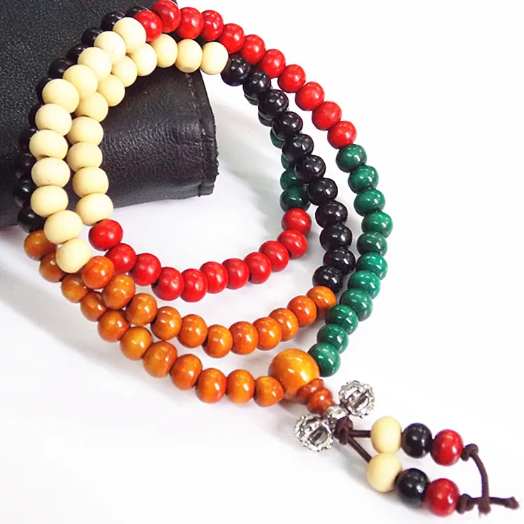 Fashion Vintage Tibet Ethnic Handmade Colorful Dia 6mm Wooden Beads Rosary Four Multilayer Bracelet for Women Men Jewelry