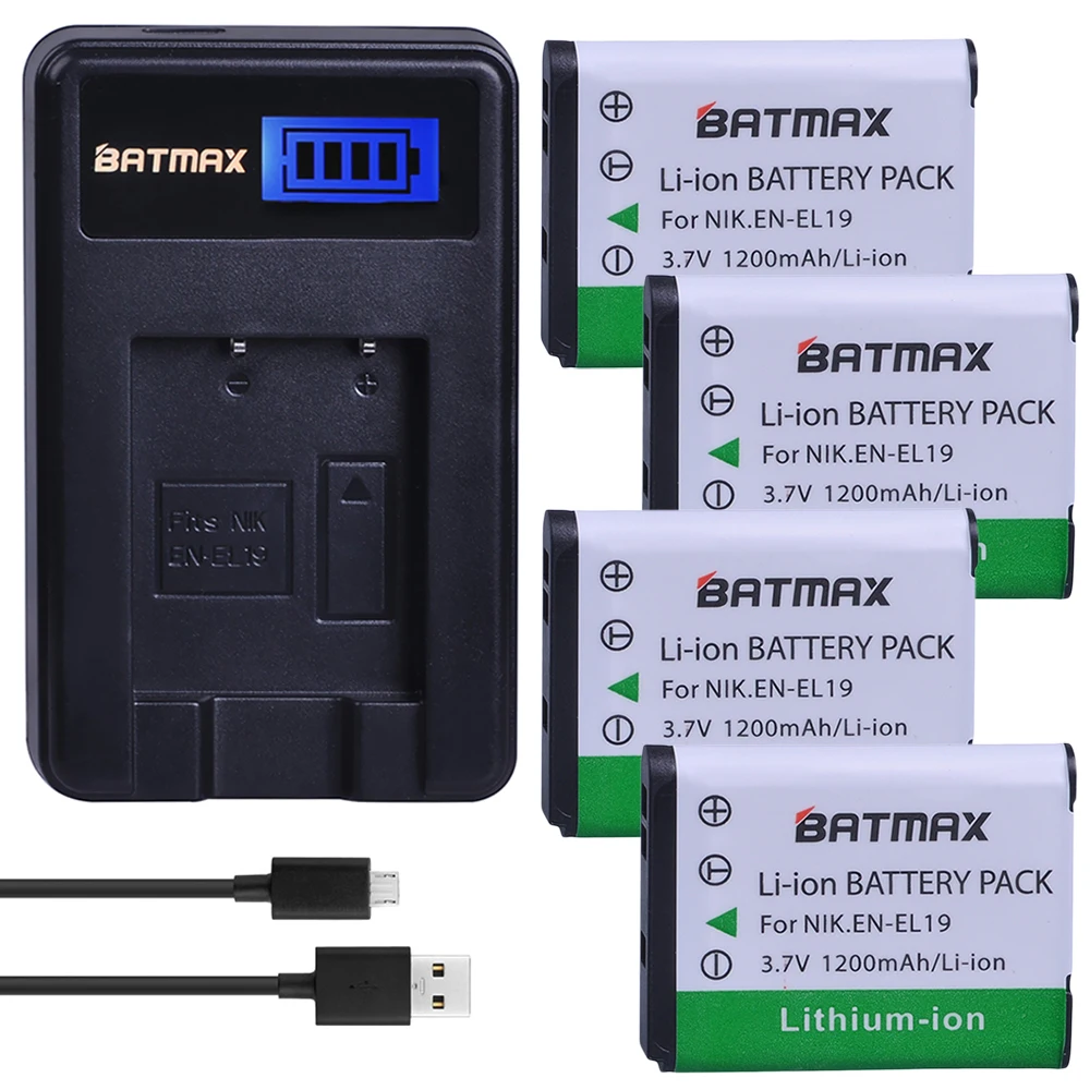 

4pcs 1200mAh EN-EL19 EN EL19 ENEL19 Battery + LCD USB Charger for Nikon S100 S2500 S2600 S3100 S6400 S4100 S4150 S3300 S4300