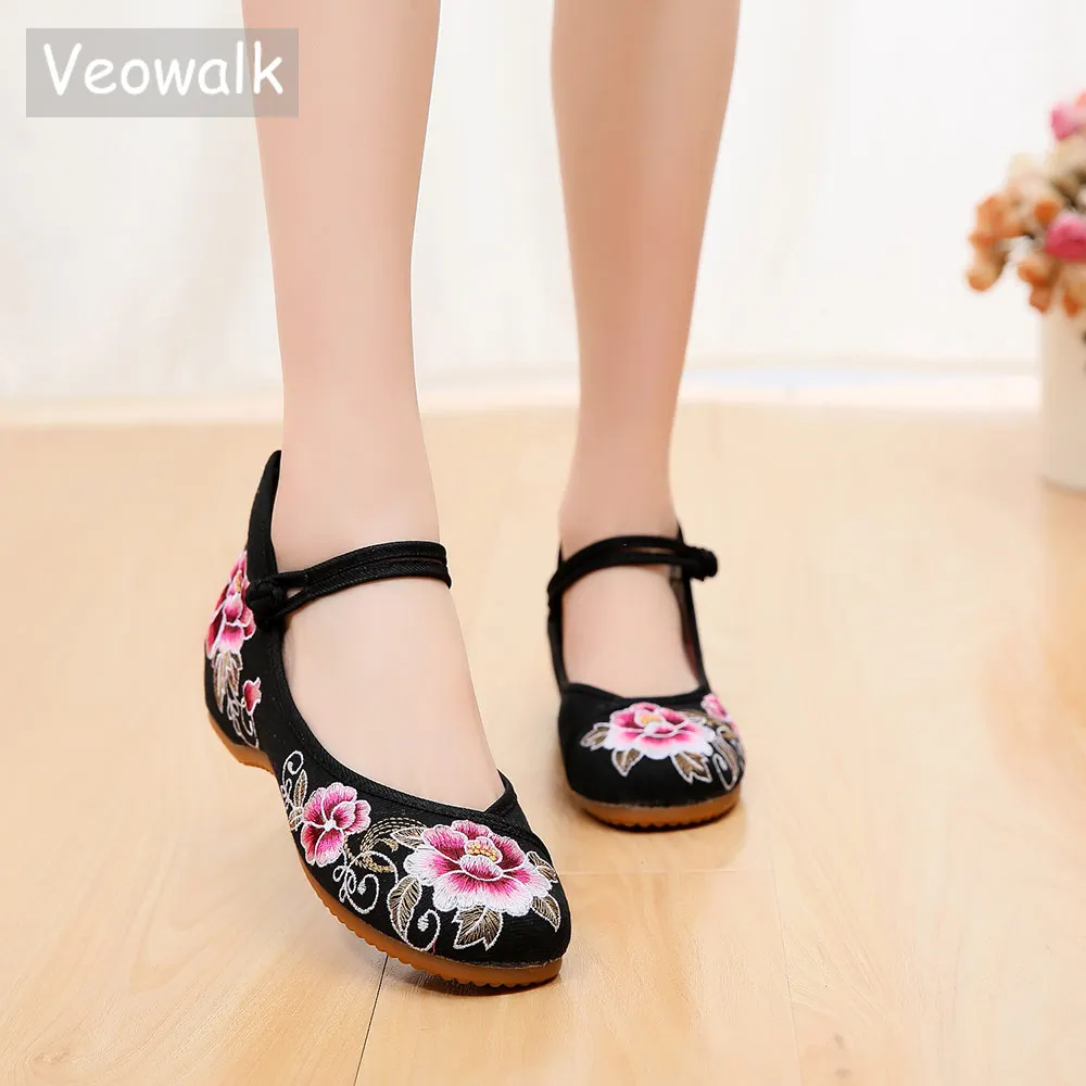 Veowalk Floral Embroidered Women Cotton Fabric Ballet Flats Strengthen Sole Elegant Ladies Casual Walking Shoes Breathable