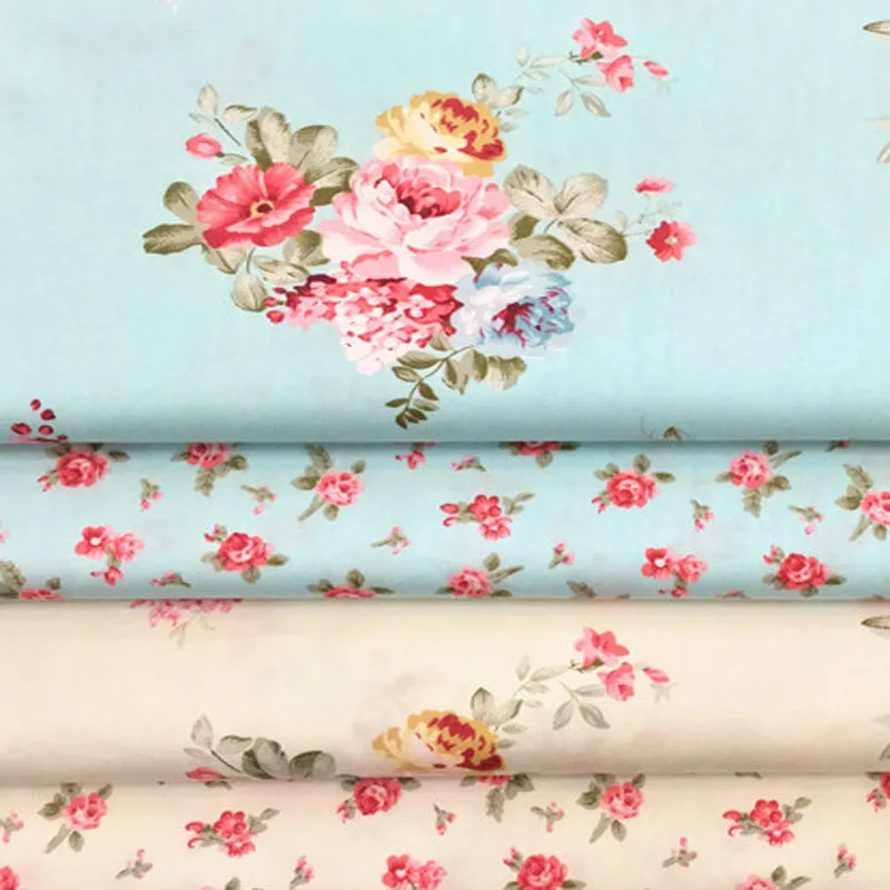 Pretty 50x160cm Blooming Blue White Red Rose Flowers Printed Cotton Fabric For DIY Sewing