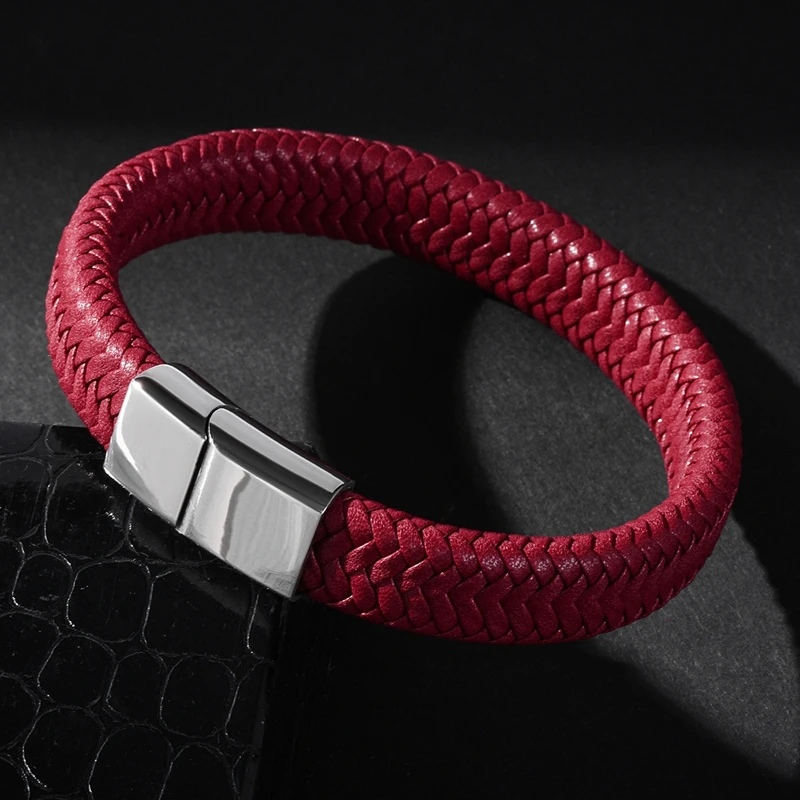 MOZO FASHION Punk Men Jewelry Red Braided Leather High Quality Bracelet Stainless Steel Magnetic Clasp  Women Bangles Gift 161