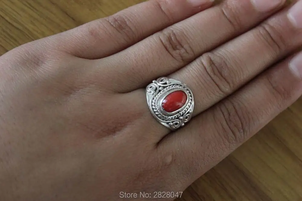 SL042 Nepal Handmade 925 Sterling Silver Inlaid Red Coral Rings for Girls Ethnic Tibetan Jewelry