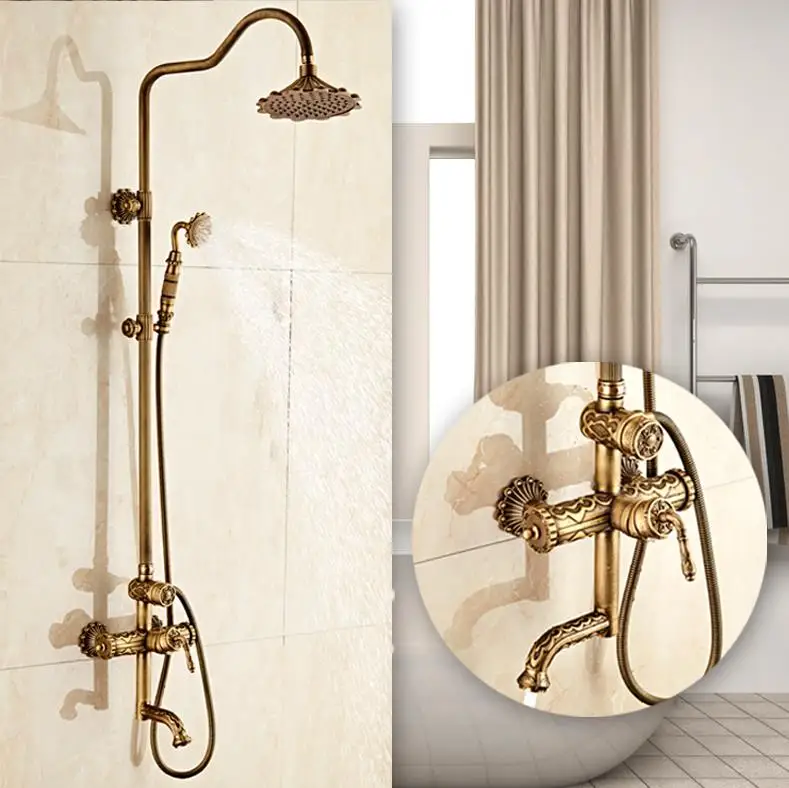 

Antique Brass Carving Rainfall Shower Set Faucet Mixer Tap With Tub Faucet Bath & Shower Faucet Set Bathtub Faucet