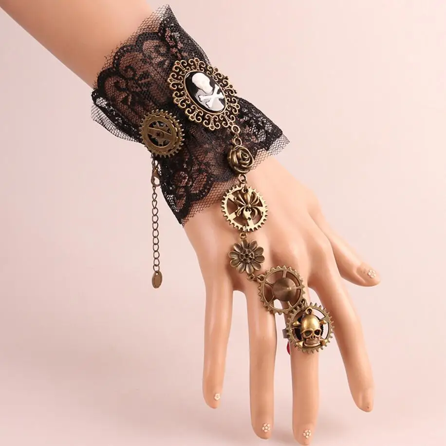 Vintage Gothic Skull/Portrait/Butterfly/Clock Mixed with Gears Steampunk Lace Bracelet Cosplay Party Accessory