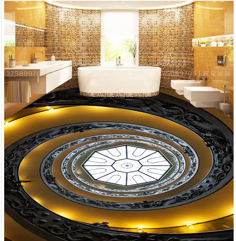 

3D stereoscopic wallpaper floor Gold style 3D stereoscopic tiles Waterproof floor mural painting