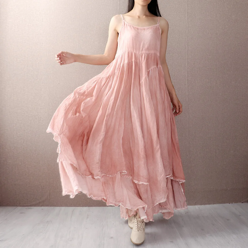 Makuluya Bohemia High Quality Cotton Linen Sleeveless Strap Vest  Holiday Beach Long Dress Women Female Summer Spring Vintage L