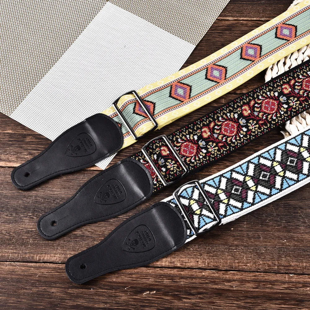 Classic Flowers Stripes Acoustic Electric Guitar Strap Printed Embroidery Fabrics Leather Ends Strap Wholesales Free Shippng