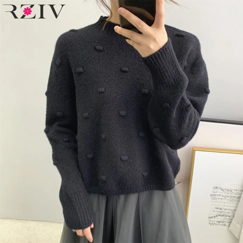 RZIV Autumn women sweater casual solid color knitted sweater round neck long-sleeved sweater crochet design