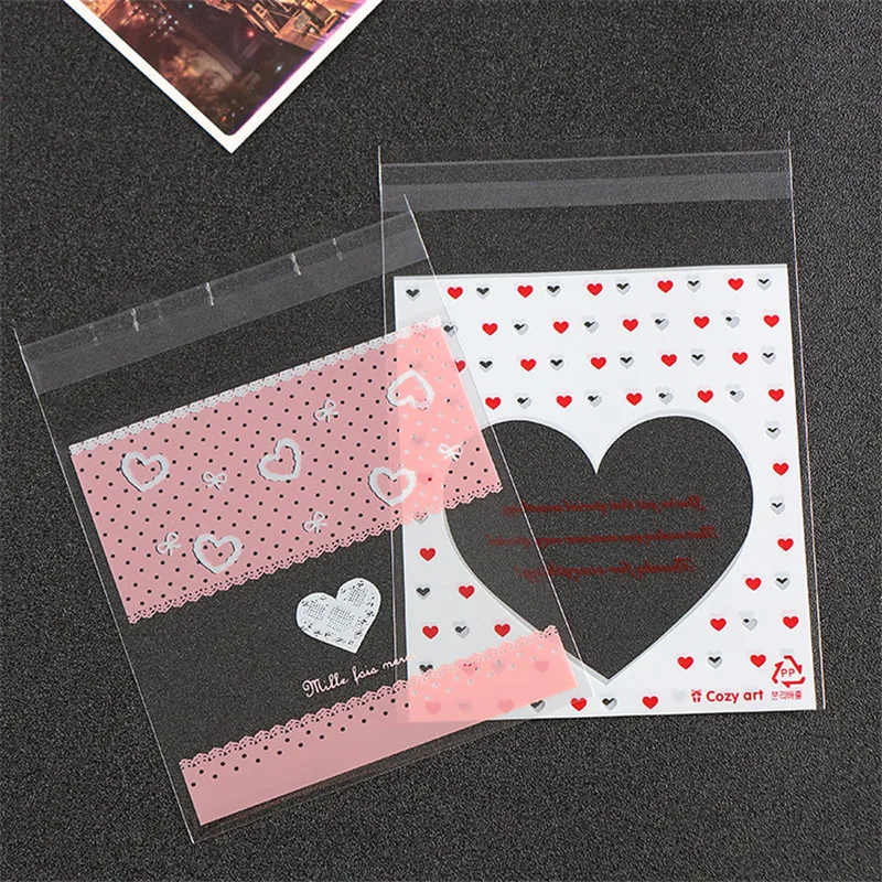 100PC Love Heart Cookie Candy Biscuits Bag Self-Adhesive Package Bag Wedding Party Supplies Gift Bag Trial Bagging Food Wrappers