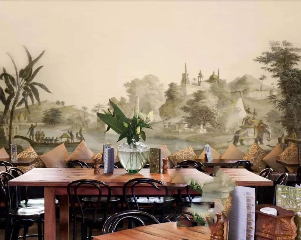 European-style retro hand-painted southeast Asian pastoral castle elephant mural background wall